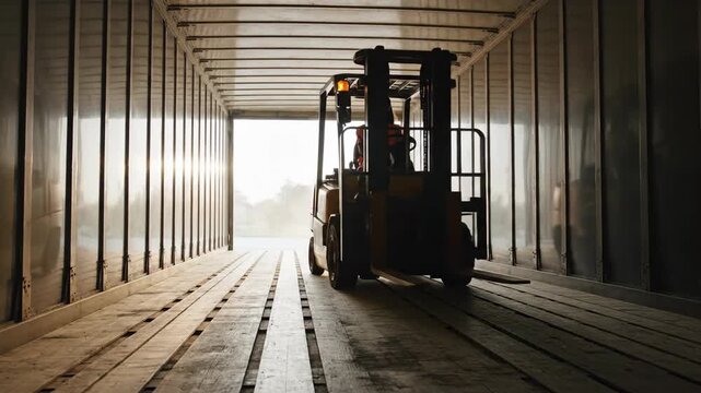Worker operates forklift inside cargo container