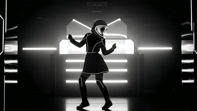 Futuristic astronaut dancer silhouette black and white techno music flyer background