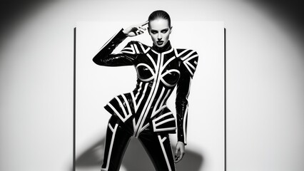 Avant garde latex bodysuit model with geometric stripe design studio