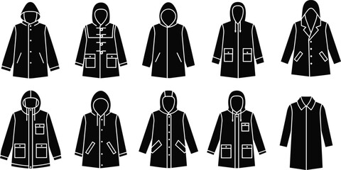 Hooded jacket and coat silhouette collection showing modern outerwear rainwear parkas isolated black vector illustration fashion apparel set © Shaqbia