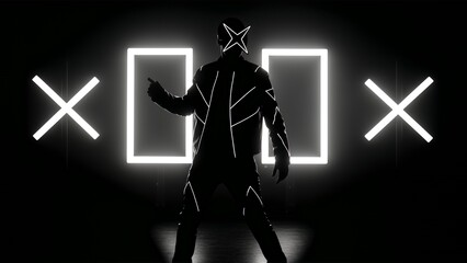 Futuristic masked silhouette performer in neon light stage with geometric frames and X signs