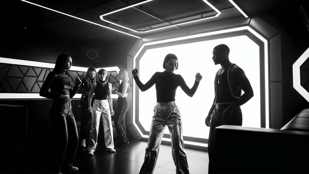 Futuristic nightclub hangout with stylish group under neon ceiling lights and glowing portal doorway scene