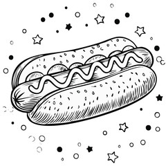 Fototapeta premium Classic American hot dog with mustard and festive stars in a black and white line drawing
