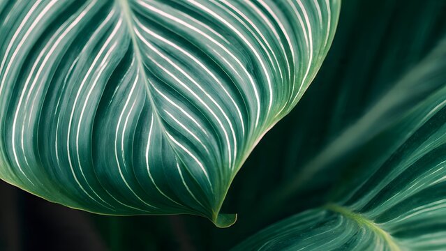 Lush emerald leaf exhibits refined white vein patterns, showcasing vivid tropical botanical texture in elegant natural detail.