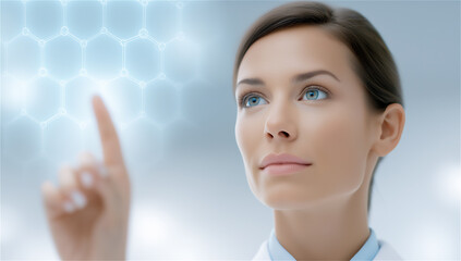 Young adult woman in medical uniform interacts with virtual interface on blue hexagon background, symbolizing digital healthcare, AI diagnostics, and innovation.