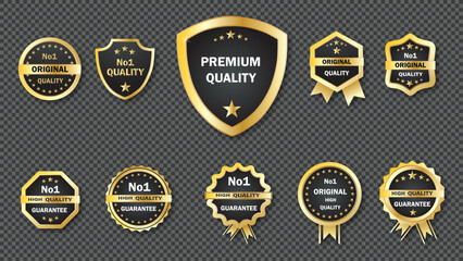 Collection of premium gold and black quality badges and labels set with various shapes