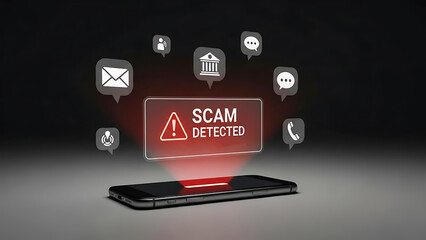Digital security alert smartphone displays a warning about detected scams and online fraud attempts