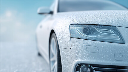 Macro view of white car headlight and bodywork covered with raindrops, conveying wet weather driving, safety, clean design, and automotive texture.