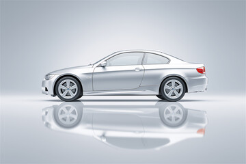 Fototapeta premium White sedan in a minimal studio with soft shadows and mirror reflection. Clean automotive mockup for transport, mobility, business fleet branding, modern design, and copy space.