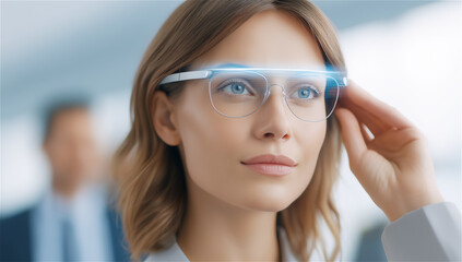 Businesswoman wearing smart glasses adjusting frame in office, concept of augmented reality, wearable computing, and future workplace communication on soft background with copy space.