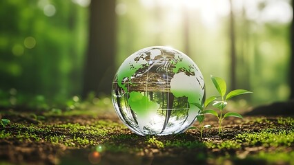 Nature Conservation Concept with Glass Earth and Young Plant Growth