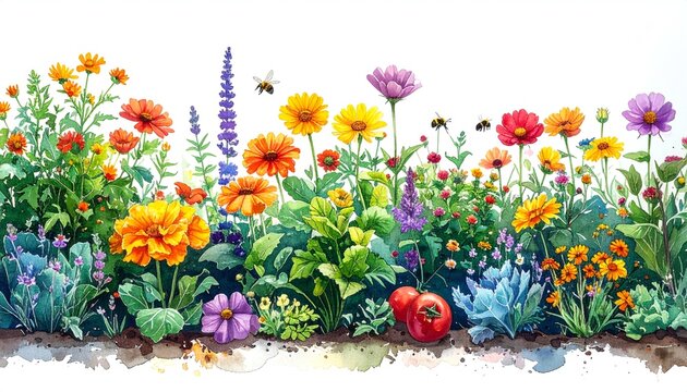 Vibrant watercolor illustration of a blooming garden border with colorful flowers, lush foliage, and busy bees.