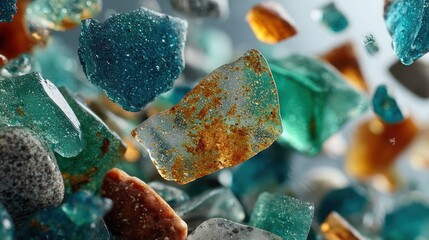 Fragments of variously colored, textured materials appear suspended in motion against a light background.