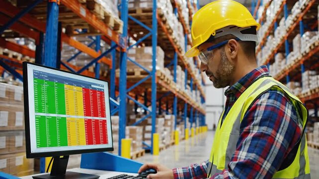 Warehouse worker monitoring inventory data on computer screen for logistics and supply chain management
