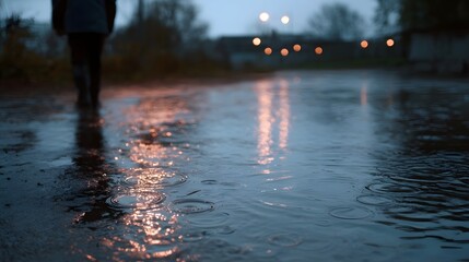 Fototapeta premium A lone figure walks on a wet street during twilight with reflections and soft bokeh lights in the background