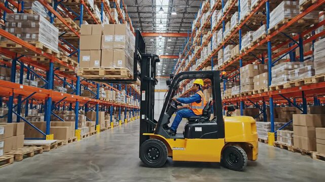 Worker operates forklift moving pallets of boxes in warehouse