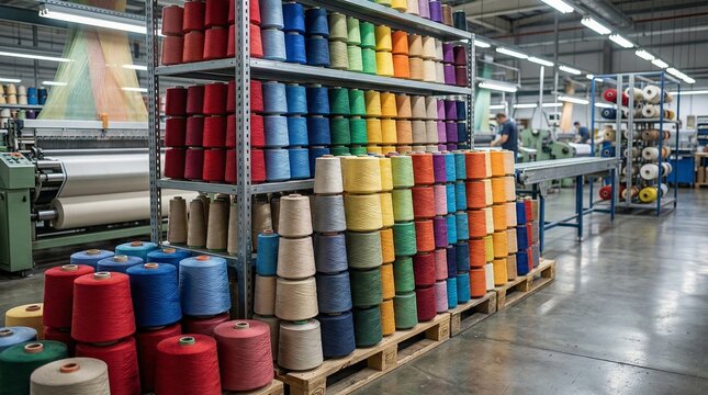 Colorful thread cones stacked on shelves in a textile factory  