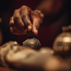 Close-up of a museum curator's hand.