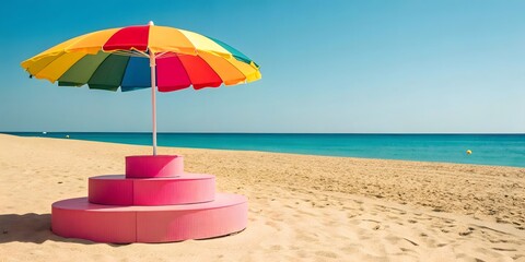 Colorful beach umbrella and a unique pink structure on a beautiful sandy beach on a clear day.