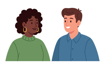 Obraz premium Smiling caucasian male and african female adults in casual attire