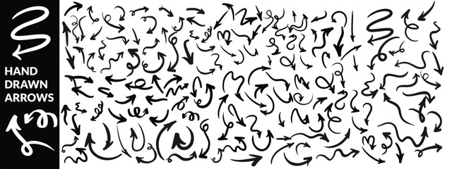 Obraz premium Various black brush drawn curved arrows. Collection doodle marker thick arrows in different directions. Grunge rough direction shape for design. Vector brush strokes, Red pencil arrow doodles. arrow 