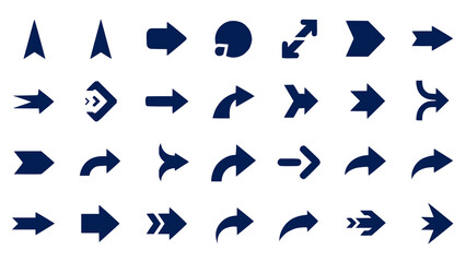 A comprehensive collection of diverse blue arrow icons for web design and user interface navigation