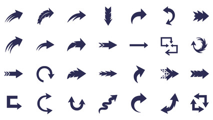 Diverse collection of dark blue arrow icons for direction, navigation, and actions