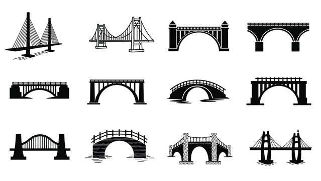 Collection of diverse bridge designs in a simple black and white illustration