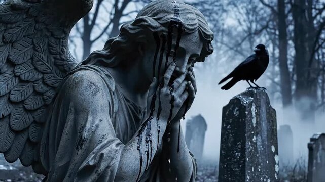 A somber stone angel statue weeps, with a black crow perched on a tombstone.