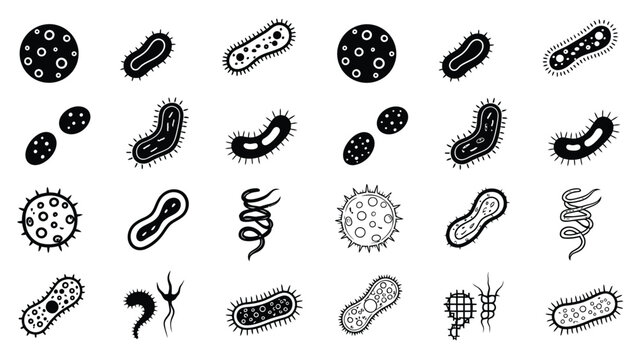 Various shapes of bacteria and microorganisms illustrated in a monochrome style