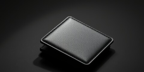 A black leather wallet is sitting on a dark surface with a subtle shadow underneath it in a close-up view.
