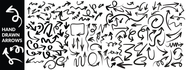Fototapeta premium Various black brush drawn curved arrows. Collection doodle marker thick arrows in different directions. Grunge rough direction shape for design. Vector brush strokes, Red pencil arrow doodles. arrow 
