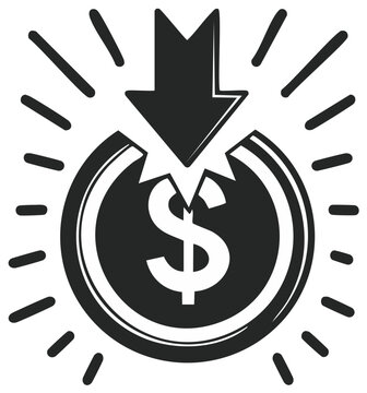 Cost reduction icon with downward arrow hitting a dollar coin. Financial crisis or sale price concept.