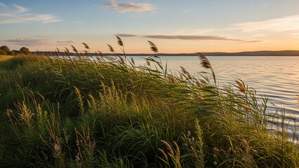 Lake shoreline with reeds and grasses gently swaying.