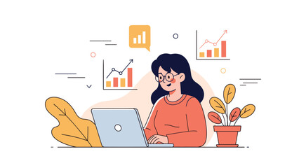 Asian young female analyzing data on laptop with graphs and charts