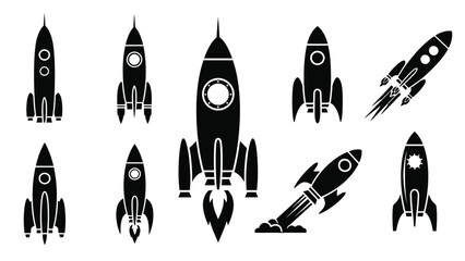 Collection of diverse rocket ship silhouettes in a black and white arrangement © Mstsalma