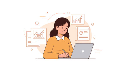 Young hispanic female analyzing data on laptop with growth charts