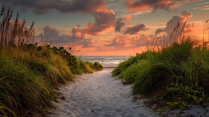 Sandy path leads to the ocean at sunset with vibrant sky and lush coastal vegetation