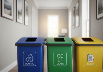 Color‑Coded Recycling Bins in Tidy Home Hallway