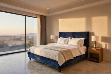 A luxurious bedroom with a blue velvet bed, marble floors, and a large window overlooking a mountain landscape at sunrise.
