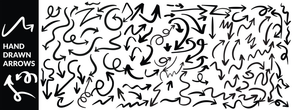 Various black brush drawn curved arrows. Collection doodle marker thick arrows in different directions. Grunge rough direction shape for design. Vector brush strokes, Red pencil arrow doodles. arrow 