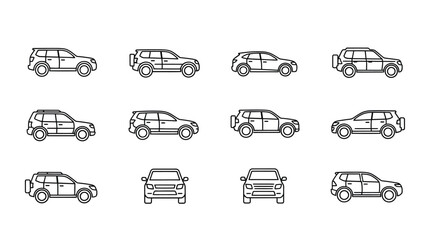 Simple line art illustration of various suv car models in different views