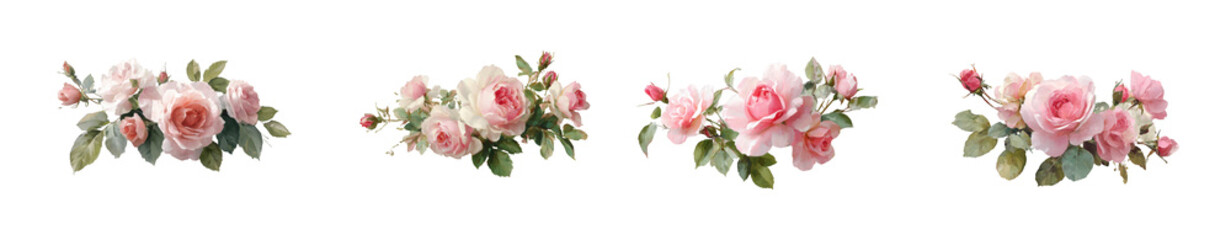 Fototapeta premium Four delicate watercolor floral arrangements featuring pink roses with green leaves ideal for design projects on transparent background