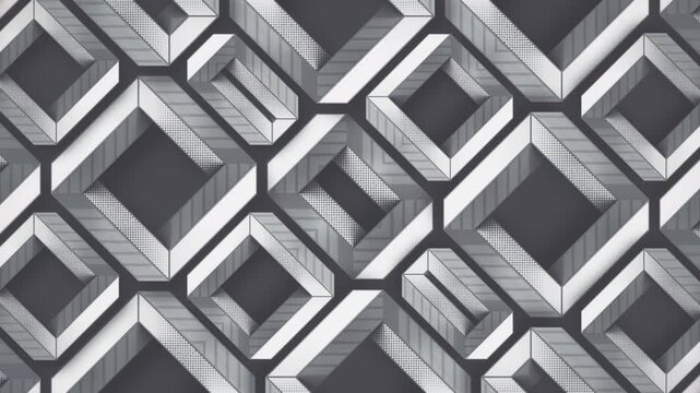 Seamless 3D animation of a black-and-white geometric pattern. Rotating intertwined rhombuses create an optical illusion. Halftone and retro graphics style