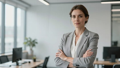 A portrait of a successful young businesswoman, a sales manager, smiling at the camera in a modern office – a professional approach and the concept of corporate leadership. 