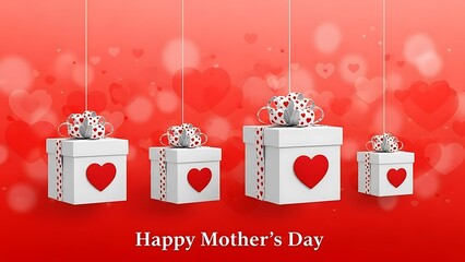 White gift boxes with heart cutouts and bows hanging on red background with bokeh lights for mother's