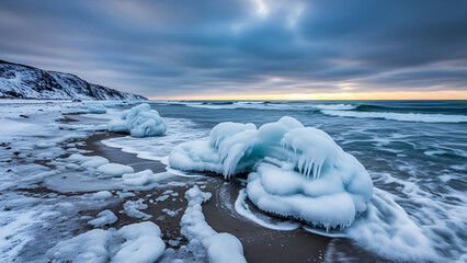 Frozen sea ice on a rocky shoreline with waves crashing against the ice formations under a cloudy sky at sunset or sunrise