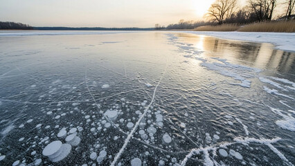 Frozen lake surface with subtle texture patterns, seasonal variation.