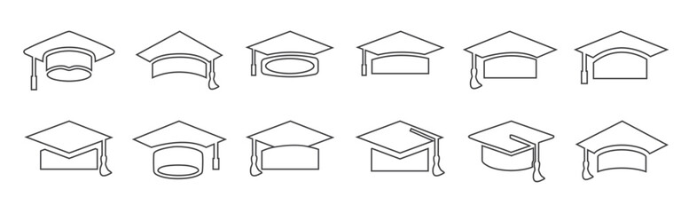 Graduation cap. Outline Hat and Diploma Icons Set. Graduation student black cap. Academic Cap Vector Illustration