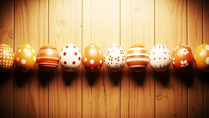 Hand painted easter eggs in various patterns on a wooden background, easter decoration, festive